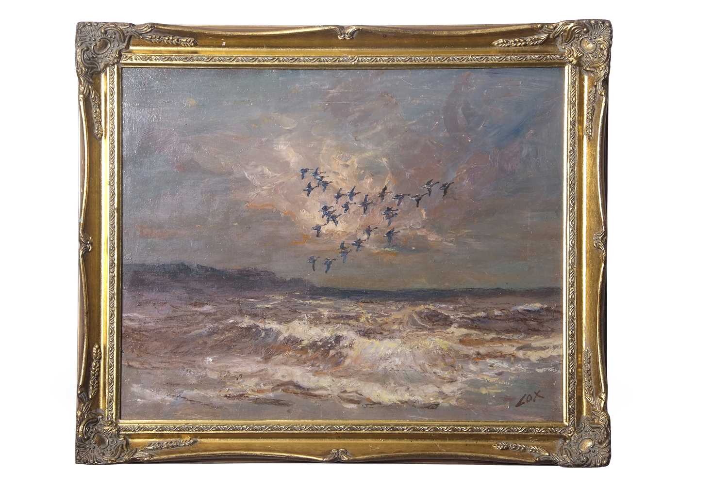 Lot 599 - Jack Cox (1917-2007), Geese alighting over...