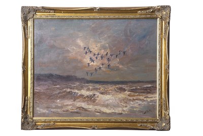 Lot 599 - Jack Cox (1917-2007), Geese alighting over...
