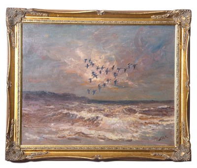 Lot 599 - Jack Cox (1917-2007), Geese alighting over...