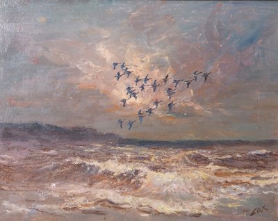 Lot 599 - Jack Cox (1917-2007), Geese alighting over...