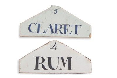 Lot 75 - Two wine/spirit labels with Delft type glaze,...