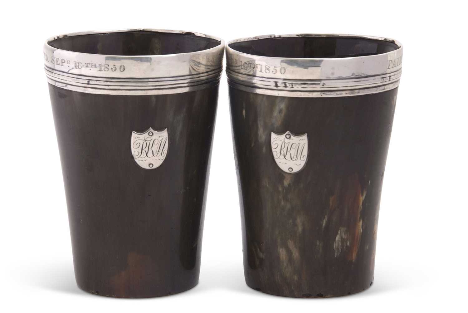 Lot 86 - A pair of Victorian horn beakers each applied...