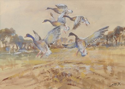 Lot 634 - Jack Cox (1914-2007) Geese alighting over...