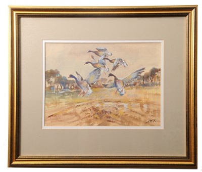 Lot 634 - Jack Cox (1914-2007) Geese alighting over...