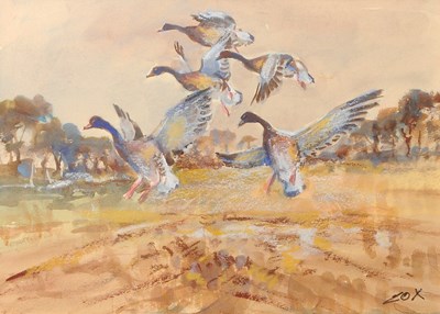 Lot 634 - Jack Cox (1914-2007) Geese alighting over...