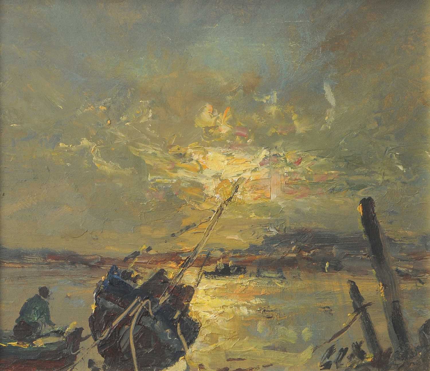 Lot 627 - Jack Cox (1914-2005), Moored boats in an...