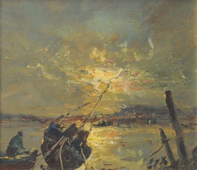 Lot 627 - Jack Cox (1914-2005), Moored boats in an...
