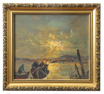 Lot 627 - Jack Cox (1914-2005), Moored boats in an...
