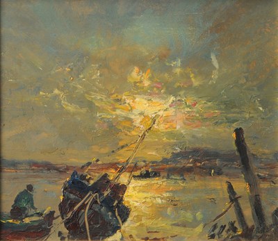 Lot 627 - Jack Cox (1914-2005), Moored boats in an...