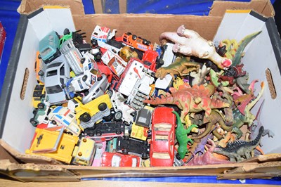 Lot 517 - Box of assorted model cars and dinosaurs, all...