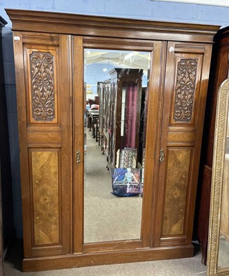 Lot 365 - Late Victorian walnut wardrobe with central...