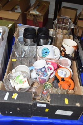 Lot 595 - Box of assorted ceramics, glass, shot glasses,...