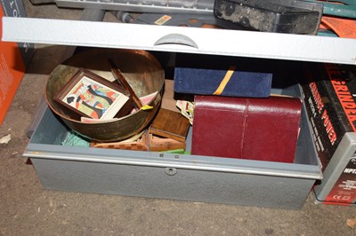 Lot 728 - A metal box containing cribbage board, playing...