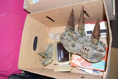 Lot 764 - A box of mixed items to include pottery dragon...