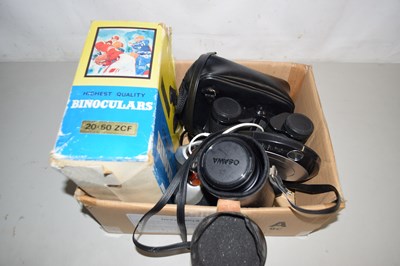 Lot 566 - Box of assorted binoculars, portable DVD...