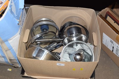 Lot 586 - Box of saucepans and lids