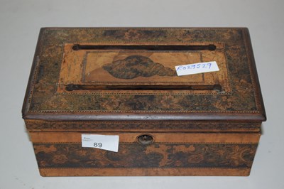 Lot 89 - A wooden money box with Tunbridge ware style...