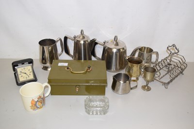 Lot 153 - Quantity of metal tea wares, alarm clock,...