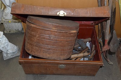 Lot 826 - A vintage tin trunk containing assorted tools...