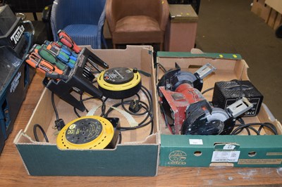 Lot 761 - Two boxes including bench grinder, extension...