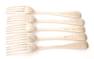 Lot 18 - A group of five George III silver table forks,...