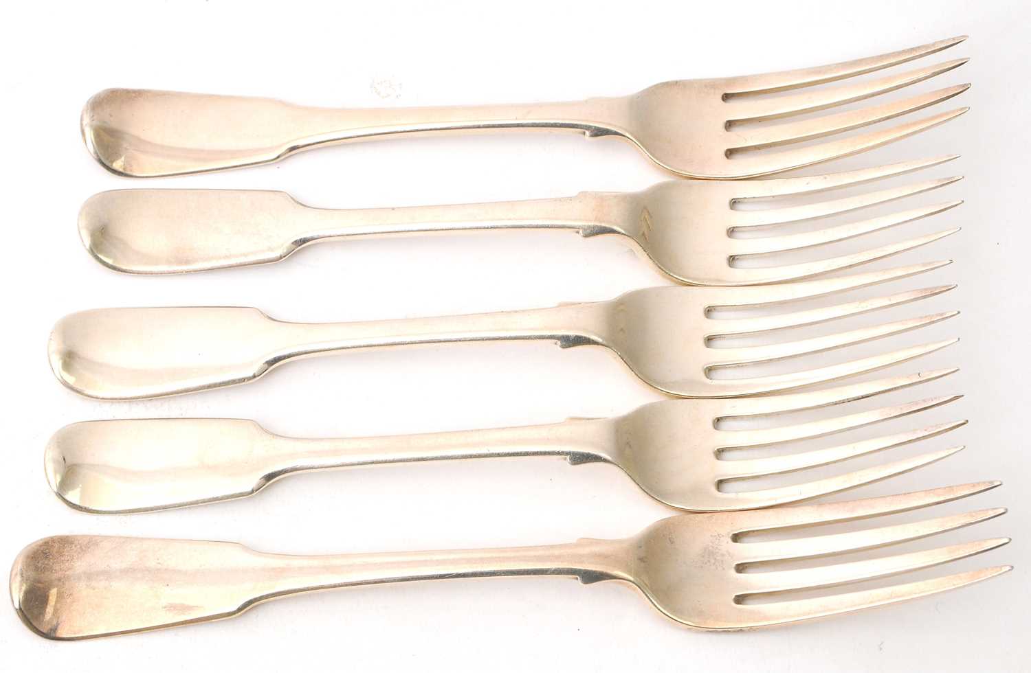 Lot 25 - A group of five fiddle pattern table forks,...