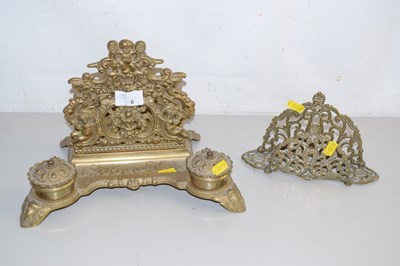 Lot 6 - A brass combination letter rack and ink well...