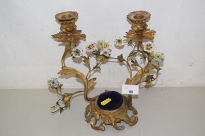 Lot 89 - A two branch gilt metal candelabra mounted...