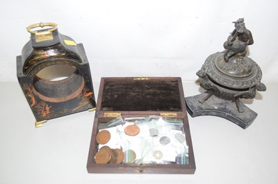 Lot 93 - A small clock case, a cast metal covered vase...