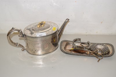 Lot 107 - Silver plated teapot, candle snuffer and tray...