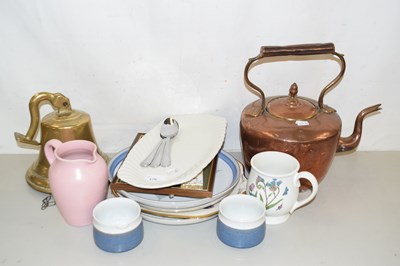 Lot 176 - Brass ships bell, copper kettle, assorted...