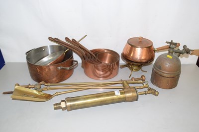 Lot 183 - Mixed Lot: Copper saucepans,brass fire tools...
