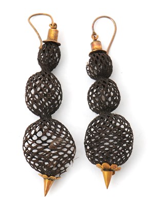 Lot 74 - A pair of 19th century hairwork earrings,...