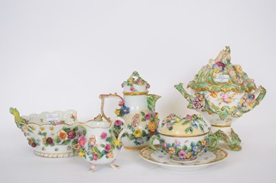 Lot 149 - Group of porcelains, all with floral encrusted...