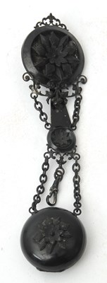 Lot 149 - A Victorian black metal chatelaine painted...