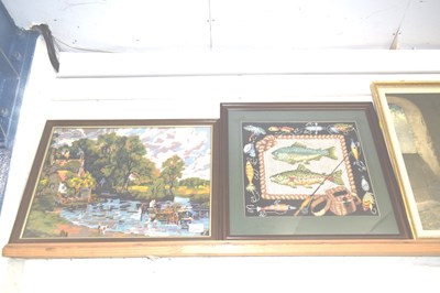 Lot 274 - Two modern tapestry pictures, fishing...
