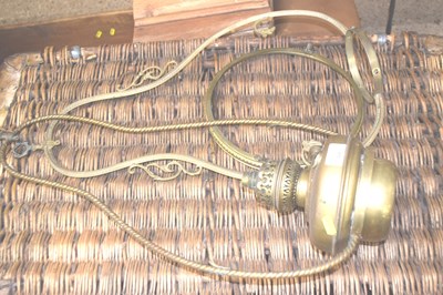 Lot 366 - A hanging brass oil lamp together with a...