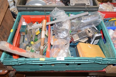 Lot 748 - Green plastic box of assorted tools and garage...