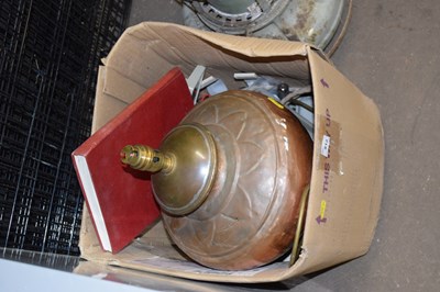 Lot 812 - Box of mixed items to include a copper table lamp