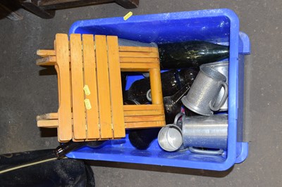 Lot 819 - Box of pewter tankards, vintage glass bottles etc