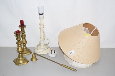 Lot 620 - Lamp, candlesticks, two shades and a candle...
