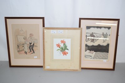 Lot 3 - Two vintage card framed cartoons and a floral...