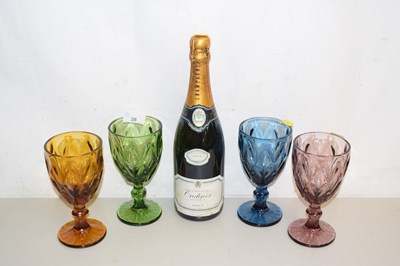 Lot 28 - 1 bt Oudinot Champagne, 4 Coloured Glasses