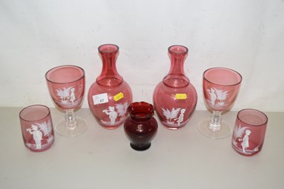 Lot 67 - Qty of cranberry glass with white overlay