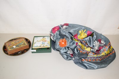 Lot 68 - Grey satin needlework throw, tile draft set etc