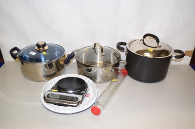 Lot 127 - Mixed lot of saucepans, kitchen scales,...