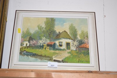 Lot 227 - Study of a cottage by a river, oil on canvas,...