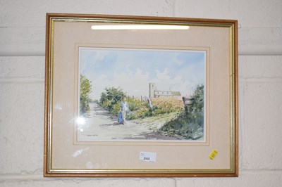 Lot 244 - Figure on a path before a church, watercolour...