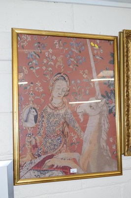Lot 245 - Needlework picture of a lady and a unicorn