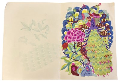 Lot 106 - TWO VIBRANT CHINESE PAPER CUTTINGS OF PEACOCKS....